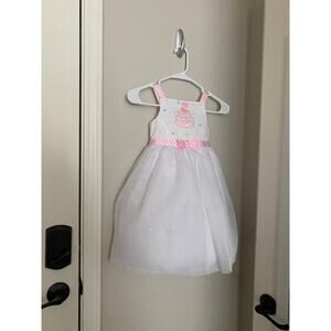 Vintage Toddler Birthday Dress 🎂 White Frilly Tulle w/ Pink Bow & Cake